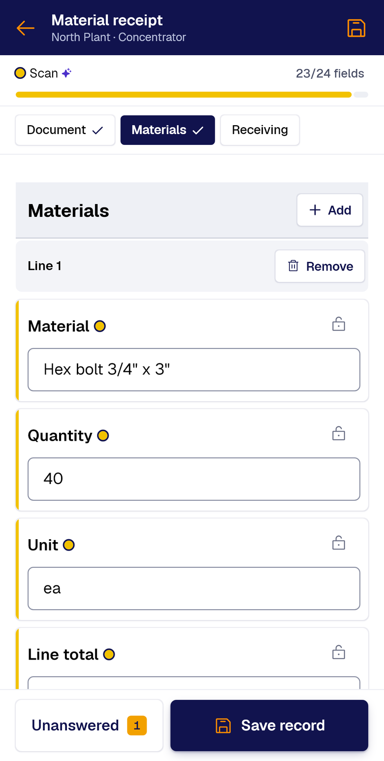 The slip lines, transcribed one by one: material, quantity, unit and total