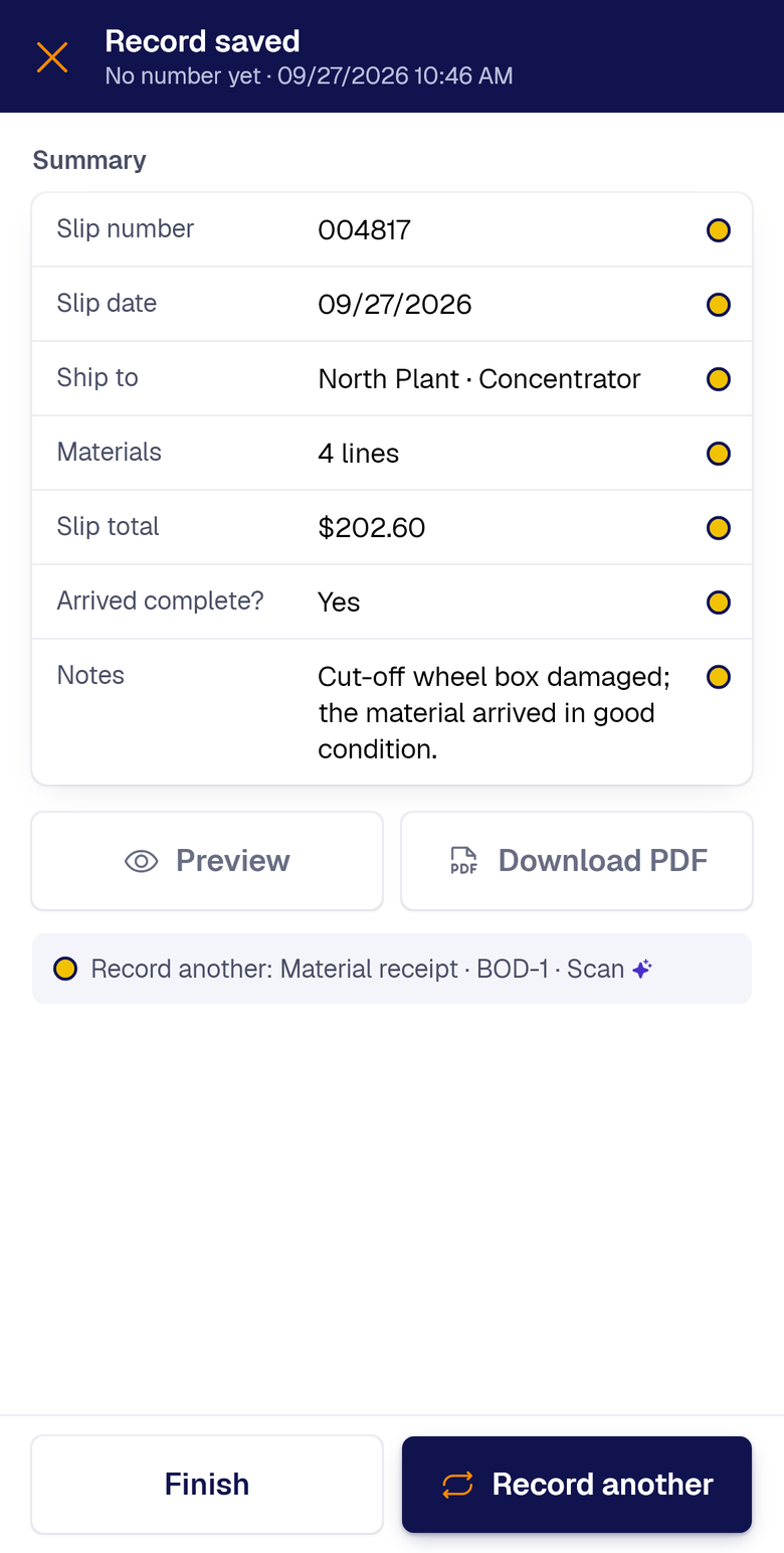 Record saved: the summary marks every value read with the yellow Scan dot